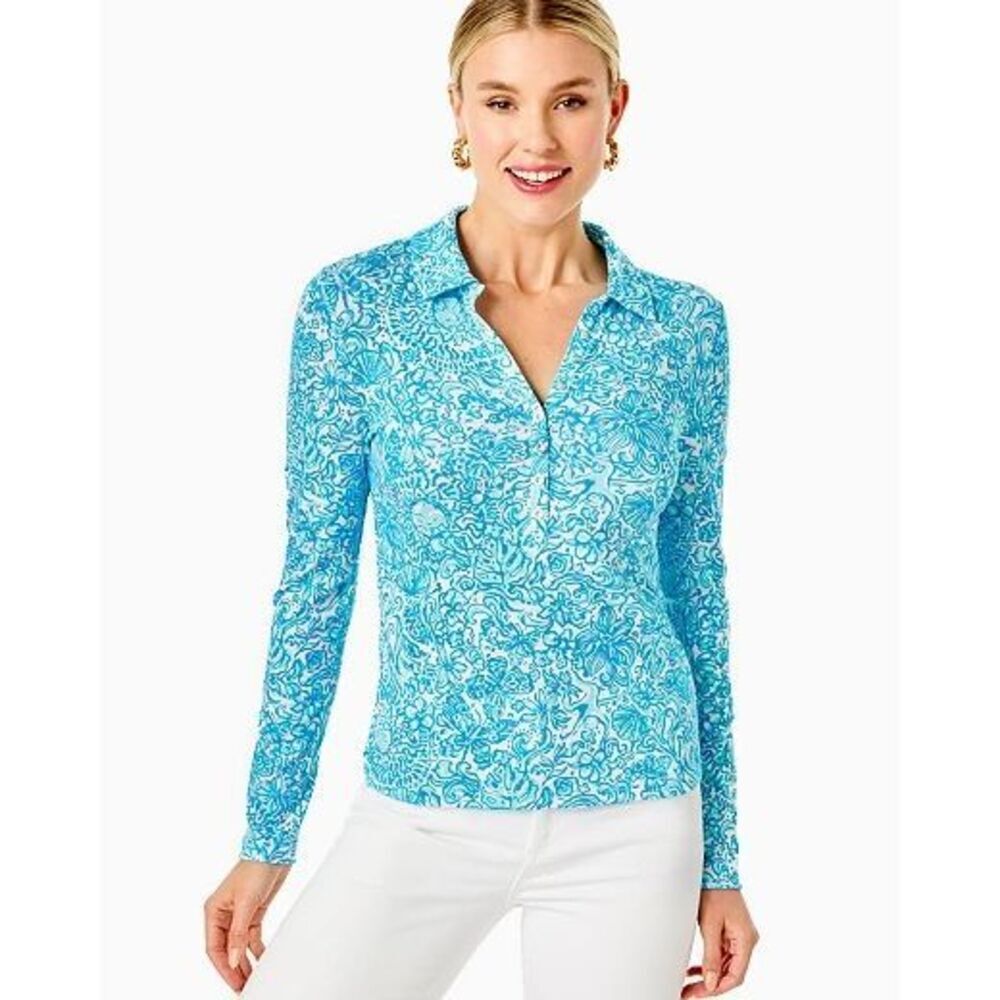 Lilly Pulitzer Reema Polo Top Long Sleeve Resort White Took Me By Sunrise